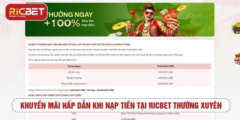 Khuyến mãi hấp dẫn khi nạp tiền tại RICBET thường xuyên